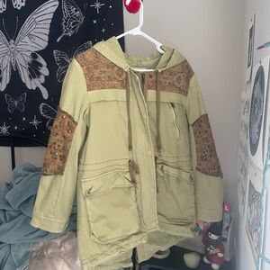 Free People Olive Jacket with Patterned Trim